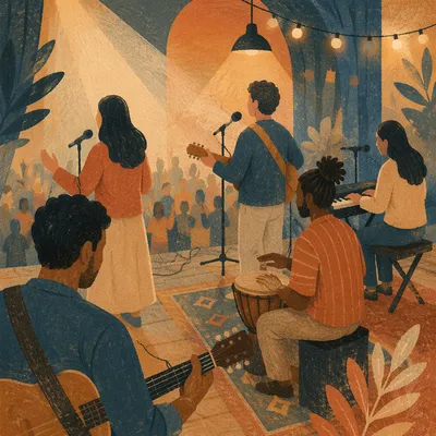 Multicultural Worship Team on Warm Lit Stage