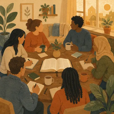 Multiethnic Bible Study Group at Golden Hour