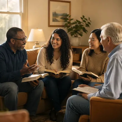 Multiethnic Bible Study Group in Cozy Living Room