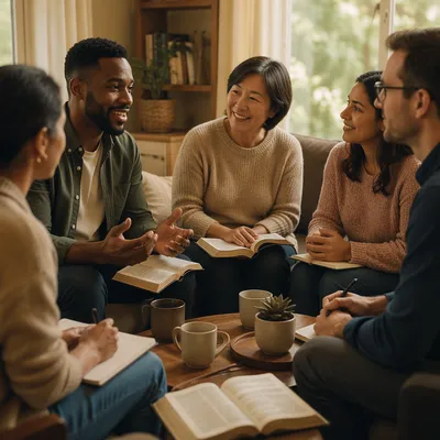 Multiethnic Bible Study Group in Living Room