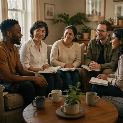 Smiling Multiethnic Bible Study in Living Room