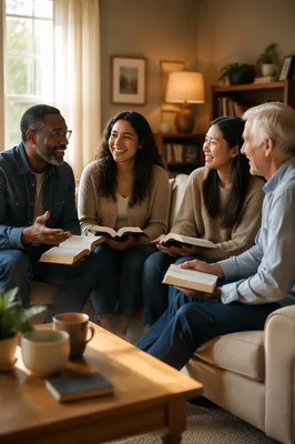 Multiethnic Bible Study Discussion in Cozy Living Room