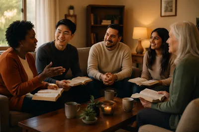 Multiethnic Group Discussion in Cozy Living Room