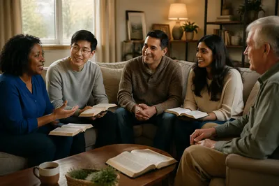 Multiethnic Bible Study Group in Living Room