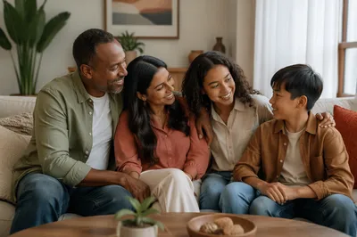 Multiethnic Family Portrait in Cozy Living Room