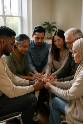 Diverse Adults Praying in Sunlit Room