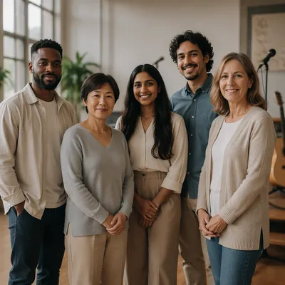 Diverse Music Team Portrait in Community Hall