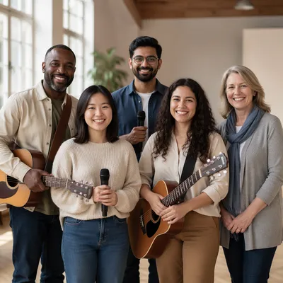 Diverse Music Team Portrait in Community Hall