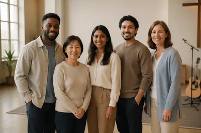 Diverse Music Team Portrait in Hall