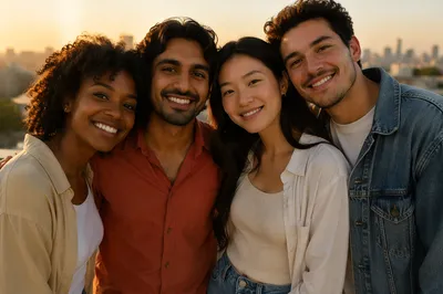 Diverse Friends on Urban Rooftop at Sunset