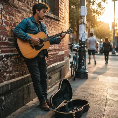 Street Musician Playing Guitar at Sunset