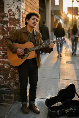 Street Musician with Guitar at Sunset