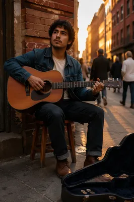Street Musician Playing Guitar at Sunset
