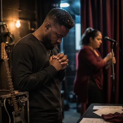 Backstage Prayer Beside Electric Guitar