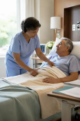 Nurse Comforting Elderly Patient in Hospital Room