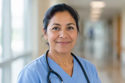 Warm Smiling Nurse in Hospital Corridor