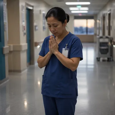 Nurse Praying in Quiet Hospital Corridor
