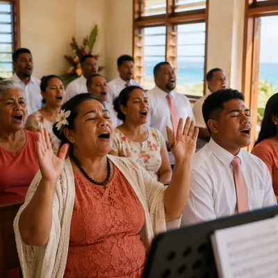 Pacific Islander Choir Singing in Sunlit Chapel