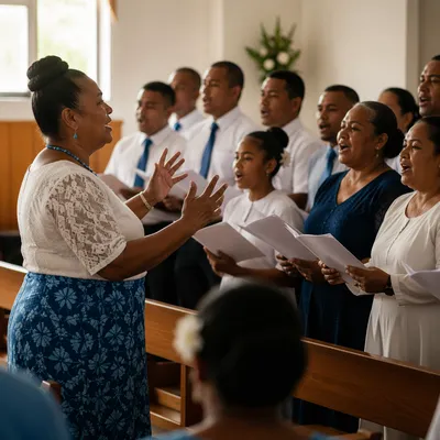 Pacific Islander Choir Singing in Sunlit Chapel