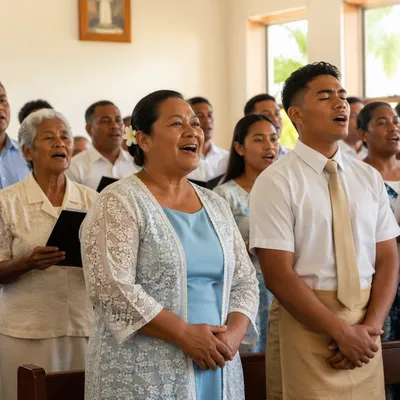 Pacific Islander Choir Singing in Sunlit Chapel
