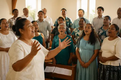 Pacific Islander Choir Singing in Sunlit Chapel