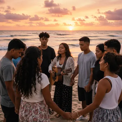 Youth Group on Beach at Sunset