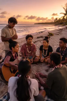 Pacific Islander Youth Praying on Beach