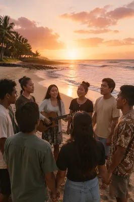 Youth Group Singing on Beach at Sunset