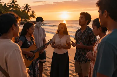 Youth Group Singing on Beach at Sunset