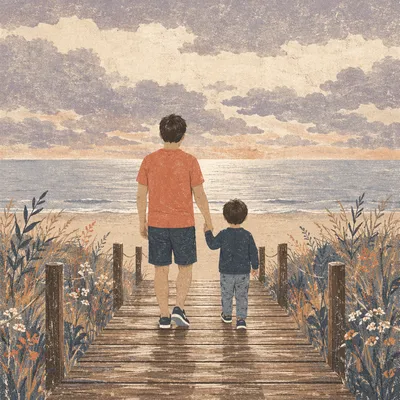Parent and Child Walking to Quiet Beach