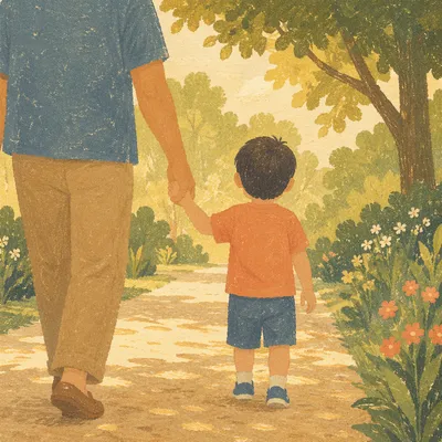 Parent and Child Walking in Warm Park Light