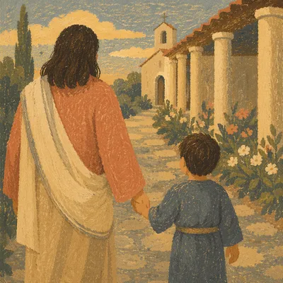 Parent and Child Walking by Chapel Garden