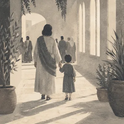 Parent and Child Walking in Sunlit Corridor