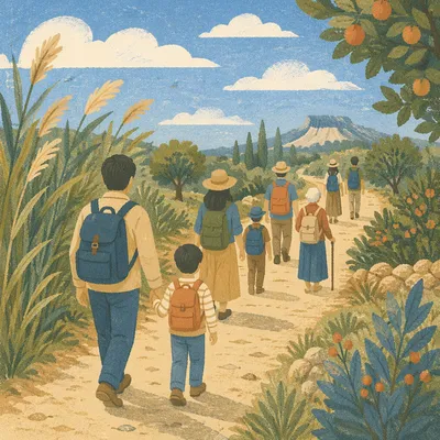 Parent and Child Walking Peaceful Sunlit Path