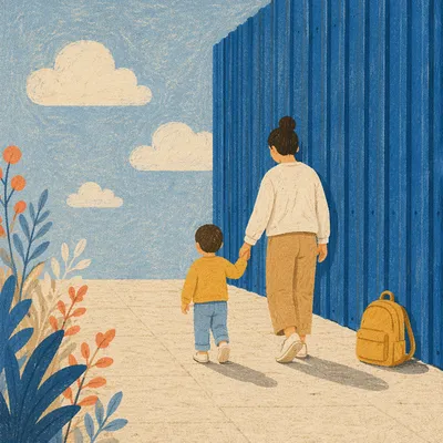 Parent and Child Walking by Blue Wall