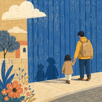 Parent and Child Walking Beside Blue Wall