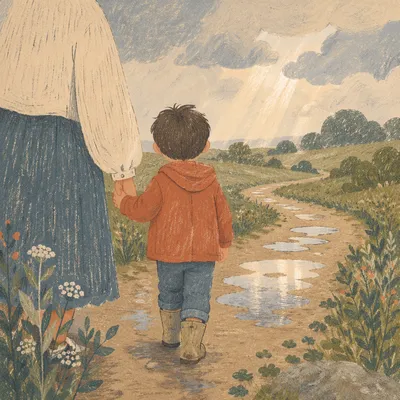 Parent and Child on Rainy Countryside Path