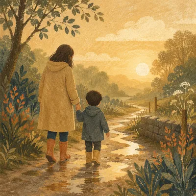 Parent and Child Walking in Morning Light