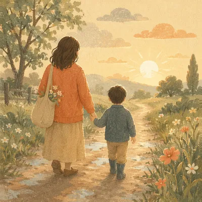 Parent and Child Walking After Morning Rain