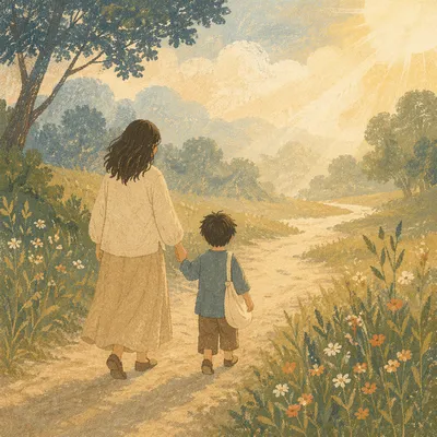 Parent and Child on Peaceful Countryside Path