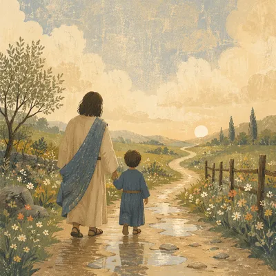 Parent and Child Walking in Morning Light