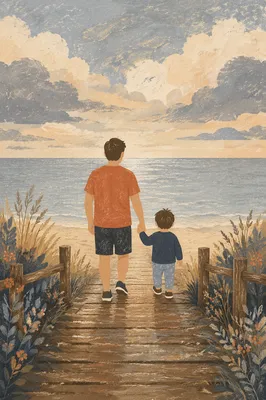Parent and Child Walking to Quiet Beach