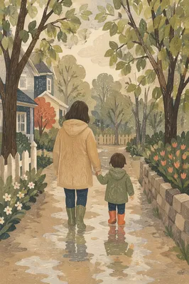 Parent and Child Walking After Rain