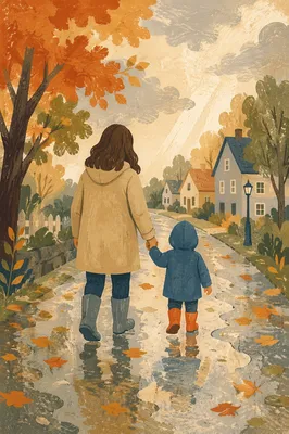 Parent and Child Walking After Rain