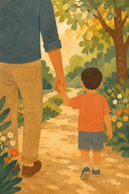 Parent and Child Walking in Sunlit Park