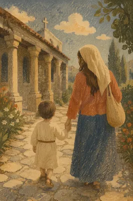 Parent and Child Walking by Chapel Garden