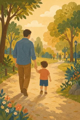 Parent and Child Walking in Golden Park