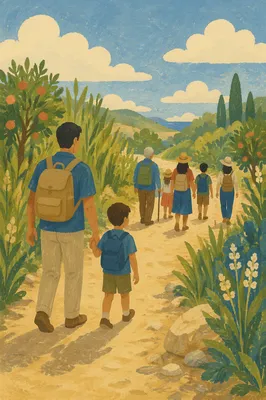 Parent and Child Walking Sunlit Path