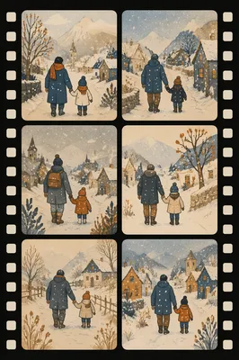 Parent and Child Walking Through Snow