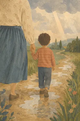 Parent and Child Walking After Rain